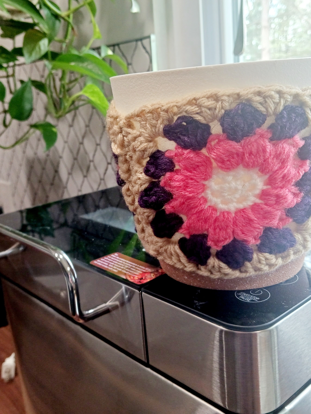 Handmade Crochet Flower Pot - Pink, Purple & Beige. 6in Pot